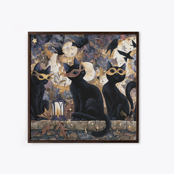 The Moonlit Cat Masquerade - Surreal Celestial Vision, Occult Wall Decor, Square Wall Art, Canvas Print, Halloween Home Decor