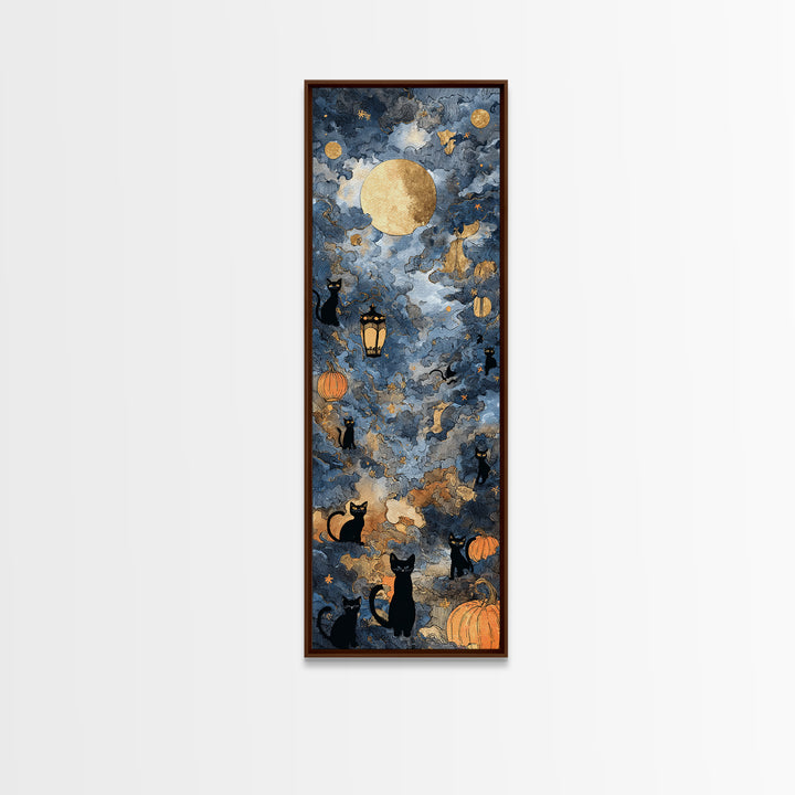 The Moonlit Cat Masquerade - Surreal Celestial Vision, Occult Wall Decor, Tall Narrow Wall Art, Canvas Print, Halloween Home Decor