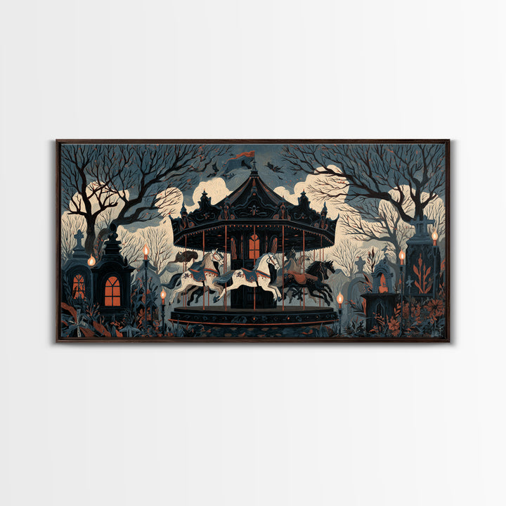 The Graveyard Carousel - Icon Portrait, Occult Wall Decor, Wide Panoramic Art, Canvas Print, Halloween Home Decor, Gothic Wall Art