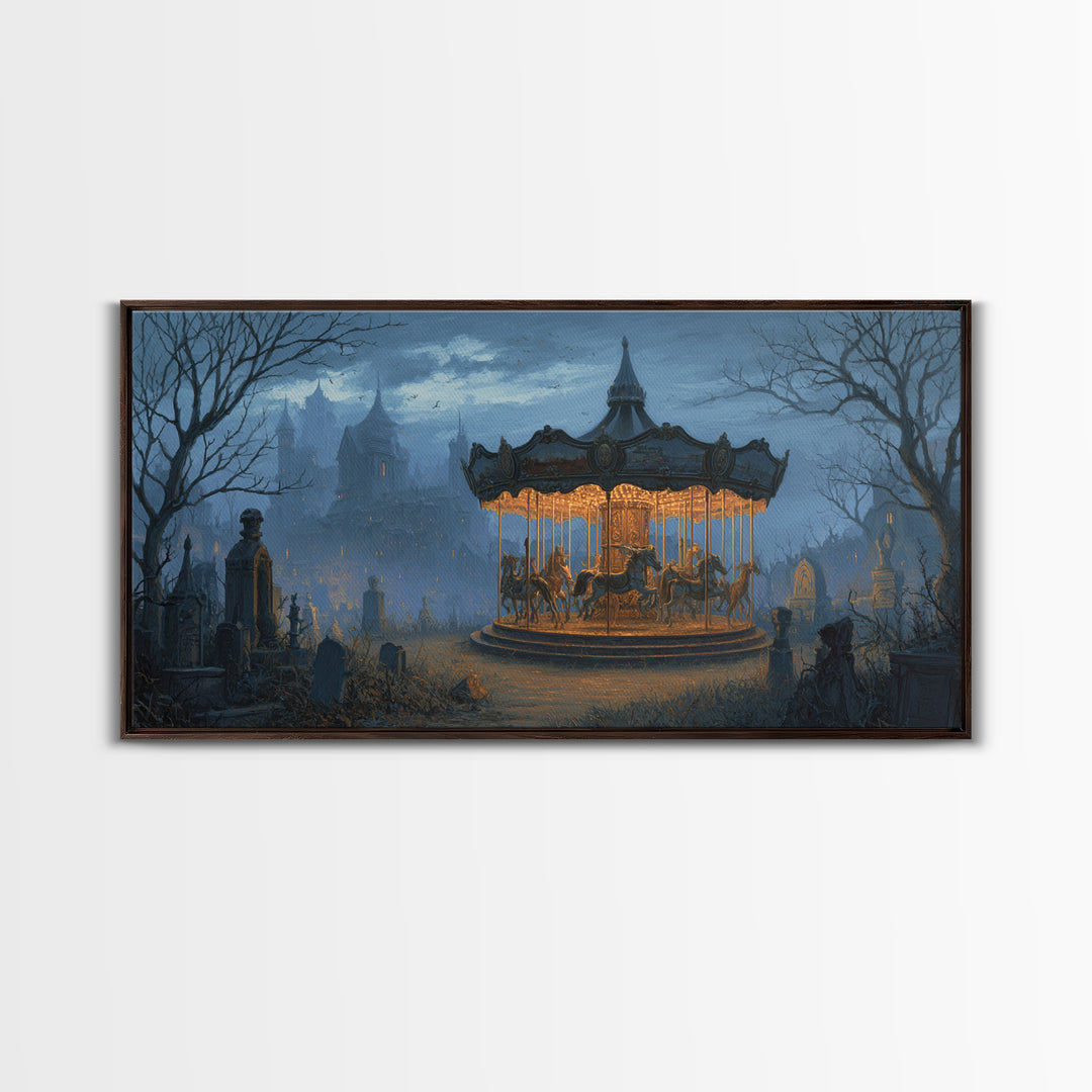The Graveyard Carousel - Environmental Panorama, Spooky Wall Decor, Wide Panoramic Art, Framed Canvas Print, Halloween Home Decor
