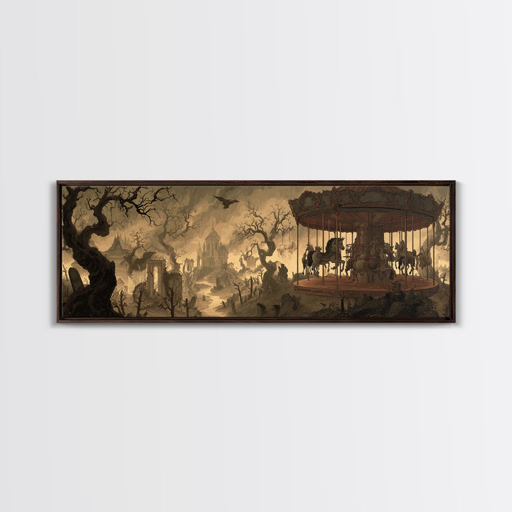 The Graveyard Carousel - Environmental Panorama, Dark Fantasy Wall Art, Extra Wide Wall Art, Canvas Print, Halloween Home Decor