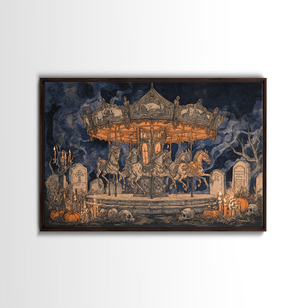 The Graveyard Carousel - Occult Still Life, Macabre Halloween Art, Landscape Wall Art, Framed Canvas Print, Halloween Home Decor
