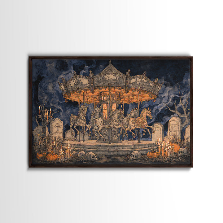 The Graveyard Carousel - Occult Still Life, Macabre Halloween Art, Landscape Wall Art, Framed Canvas Print, Halloween Home Decor