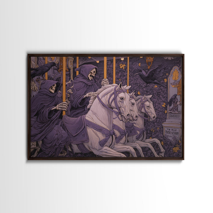 The Graveyard Carousel - Procession Scene, Macabre Halloween Art, Landscape Wall Art, Framed Canvas Print, Halloween Home Decor