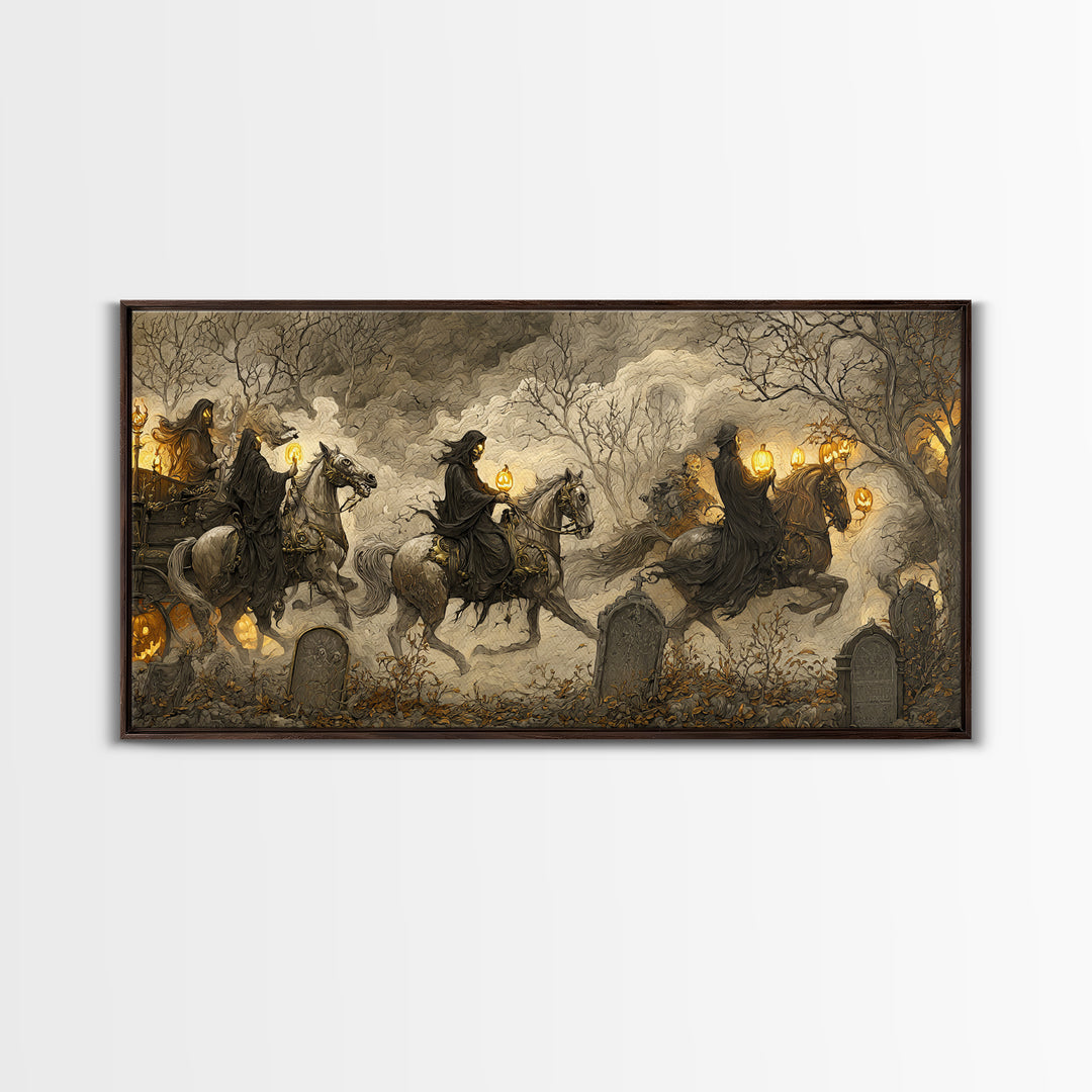 The Graveyard Carousel - Procession Scene, Halloween Wall Art, Wide Panoramic Art, Framed Canvas Print, Halloween Home Decor
