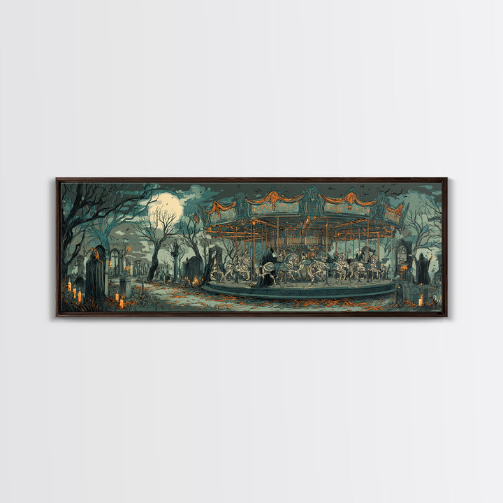 The Graveyard Carousel - Procession Scene, Halloween Wall Art, Extra Wide Wall Art, Framed Canvas Print, Halloween Home Decor