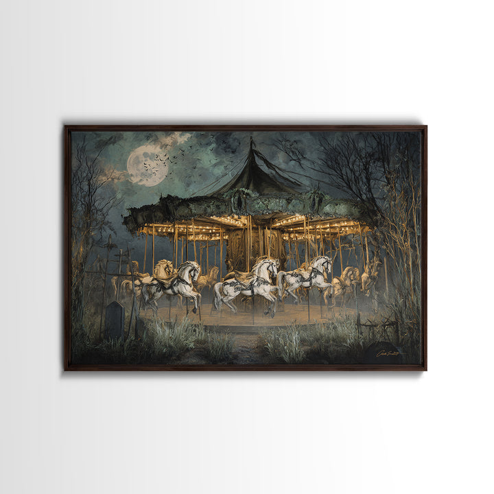The Graveyard Carousel - Surreal Celestial Vision, Spooky Wall Decor, Landscape Wall Art, Framed Canvas Print, Halloween Home Decor