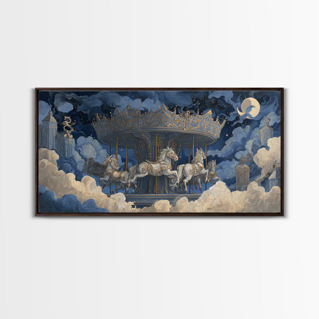 The Graveyard Carousel - Surreal Celestial Vision, Halloween Wall Art, Wide Panoramic Art, Framed Canvas Print, Halloween Home Decor