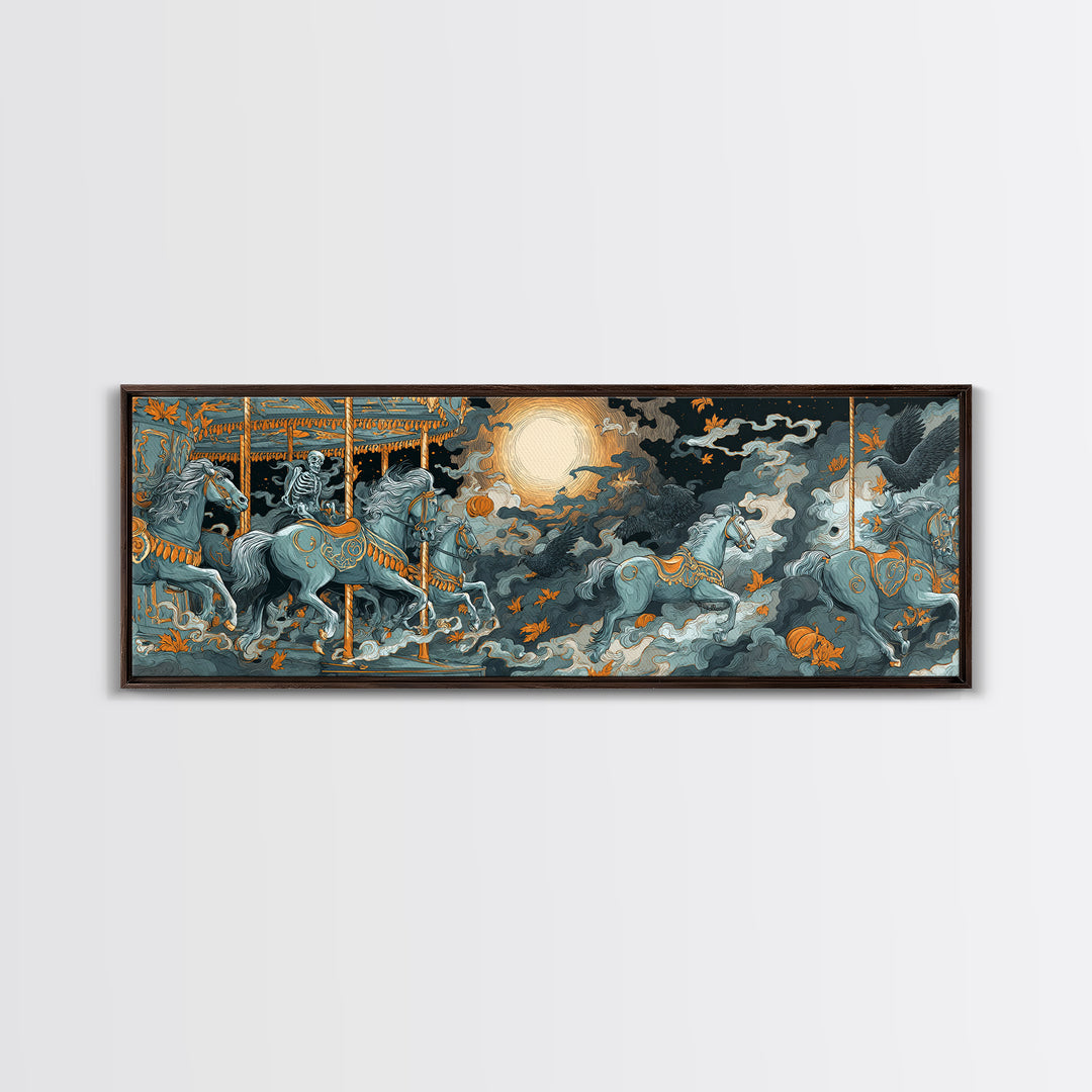 The Graveyard Carousel - Surreal Celestial Vision, Spooky Wall Decor, Extra Wide Wall Art, Framed Canvas Print, Halloween Home Decor