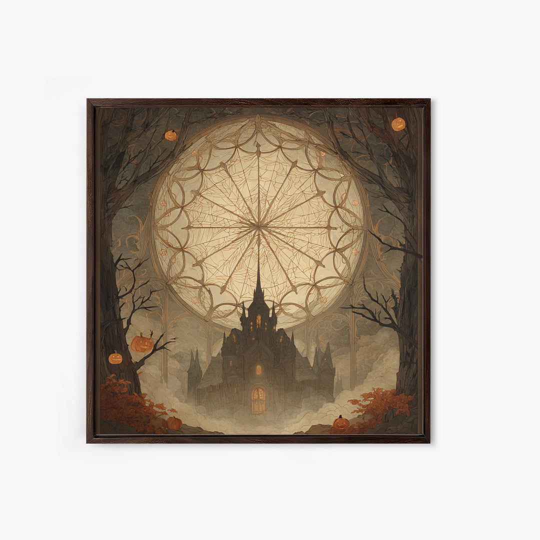 The Spiderweb Cathedral Window - Icon Portrait, Occult Wall Decor, Square Wall Art, Canvas Print, Halloween Home Decor, Gothic Wall Art