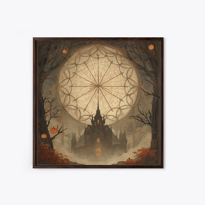The Spiderweb Cathedral Window - Icon Portrait, Occult Wall Decor, Square Wall Art, Canvas Print, Halloween Home Decor, Gothic Wall Art