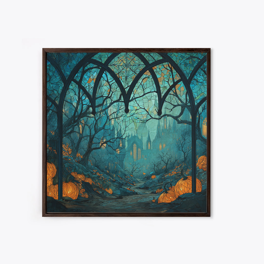 The Spiderweb Cathedral Window - Environmental Panorama, Halloween Wall Art, Square Wall Art, Framed Canvas Print, Halloween Home Decor