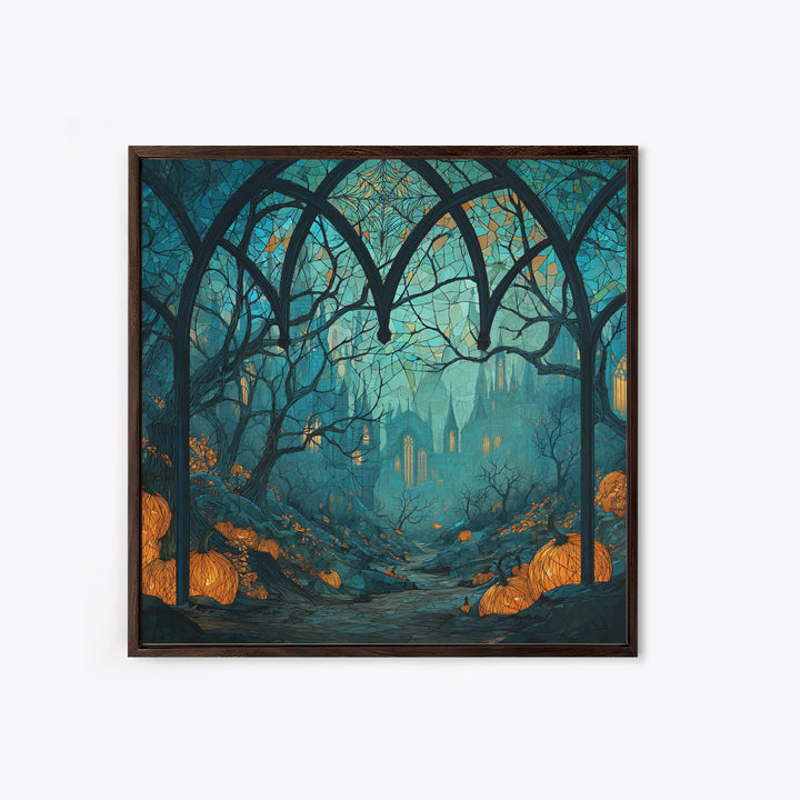 The Spiderweb Cathedral Window - Environmental Panorama, Halloween Wall Art, Square Wall Art, Framed Canvas Print, Halloween Home Decor