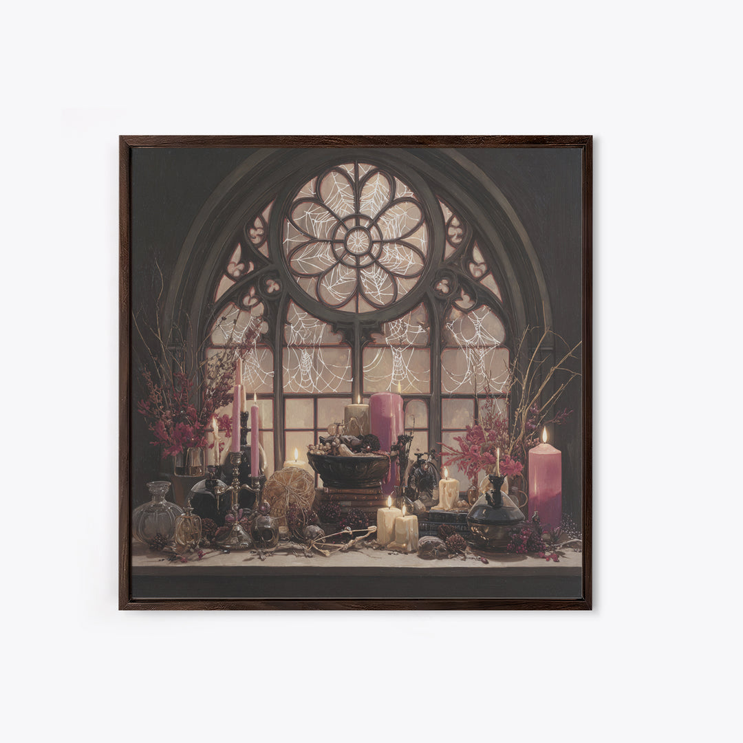 The Spiderweb Cathedral Window - Occult Still Life, Spooky Wall Decor, Square Wall Art, Framed Canvas Print, Halloween Home Decor