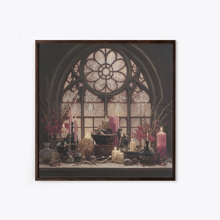 The Spiderweb Cathedral Window - Occult Still Life, Spooky Wall Decor, Square Wall Art, Framed Canvas Print, Halloween Home Decor