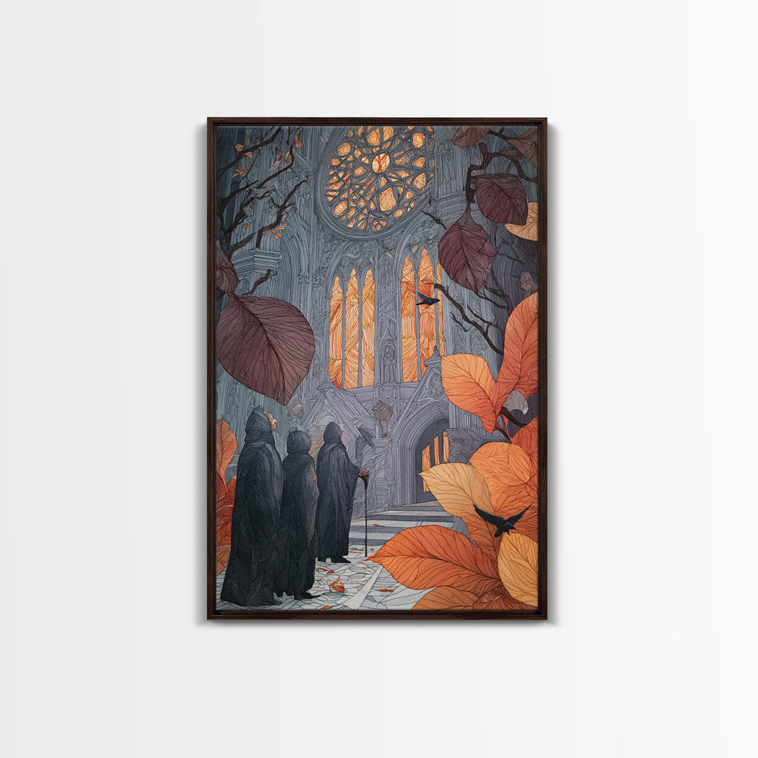 The Spiderweb Cathedral Window - Procession Scene, Halloween Wall Art, Vertical Wall Art, Framed Canvas Print, Halloween Home Decor