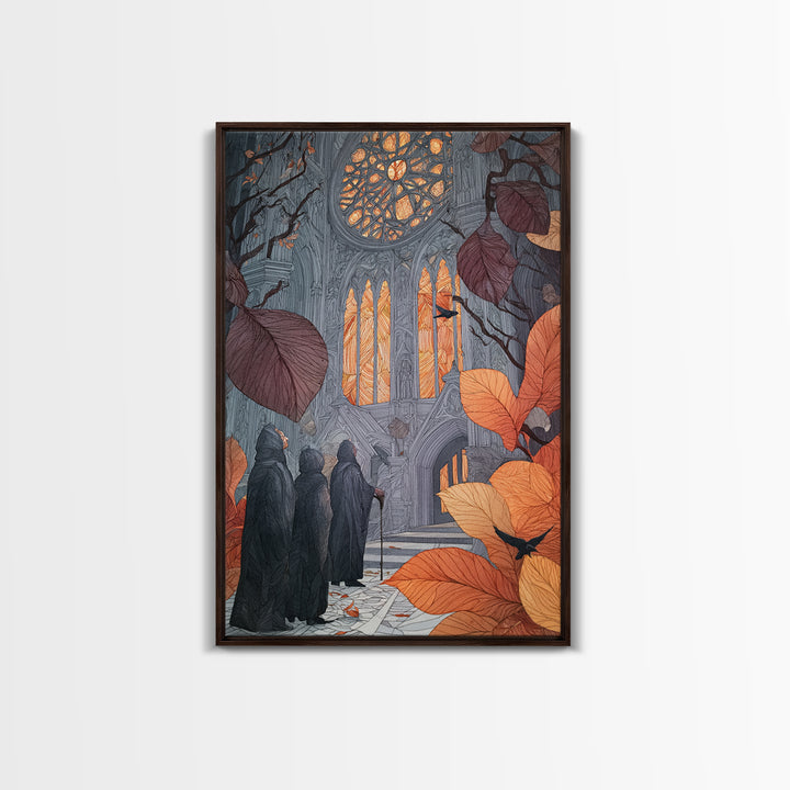 The Spiderweb Cathedral Window - Procession Scene, Halloween Wall Art, Vertical Wall Art, Framed Canvas Print, Halloween Home Decor