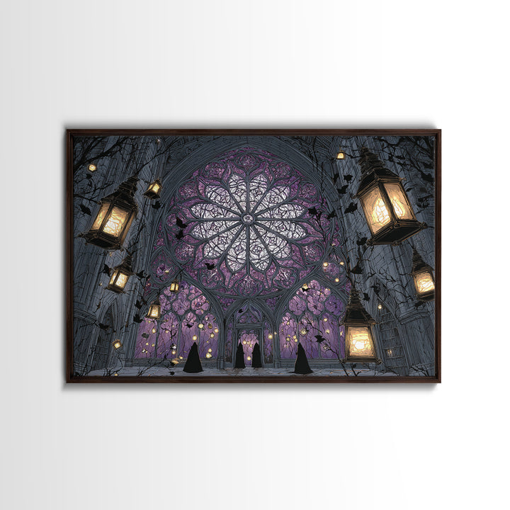 The Spiderweb Cathedral Window - Procession Scene, Occult Wall Decor, Landscape Wall Art, Canvas Print, Halloween Home Decor