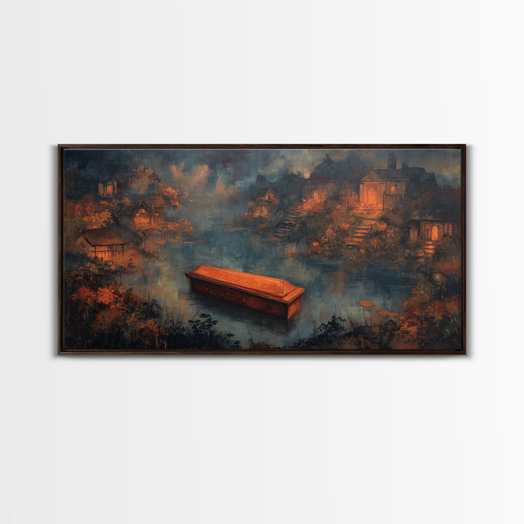 The Floating Coffin Garden - Environmental Panorama, Occult Wall Decor, Wide Panoramic Art, Canvas Print, Halloween Home Decor