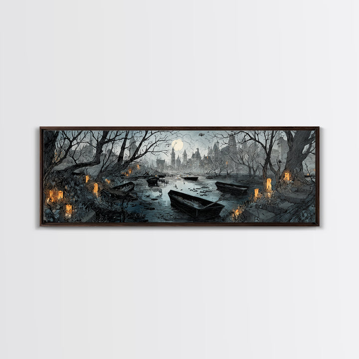 The Floating Coffin Garden - Environmental Panorama, Dark Fantasy Wall Art, Extra Wide Wall Art, Canvas Print, Halloween Home Decor