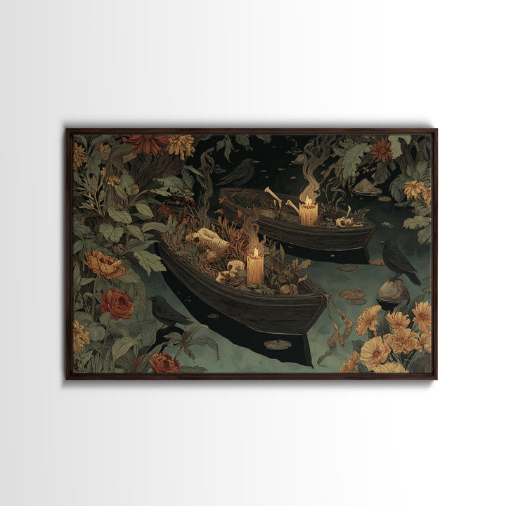 The Floating Coffin Garden - Occult Still Life, Spooky Wall Decor, Landscape Wall Art, Framed Canvas Print, Halloween Home Decor