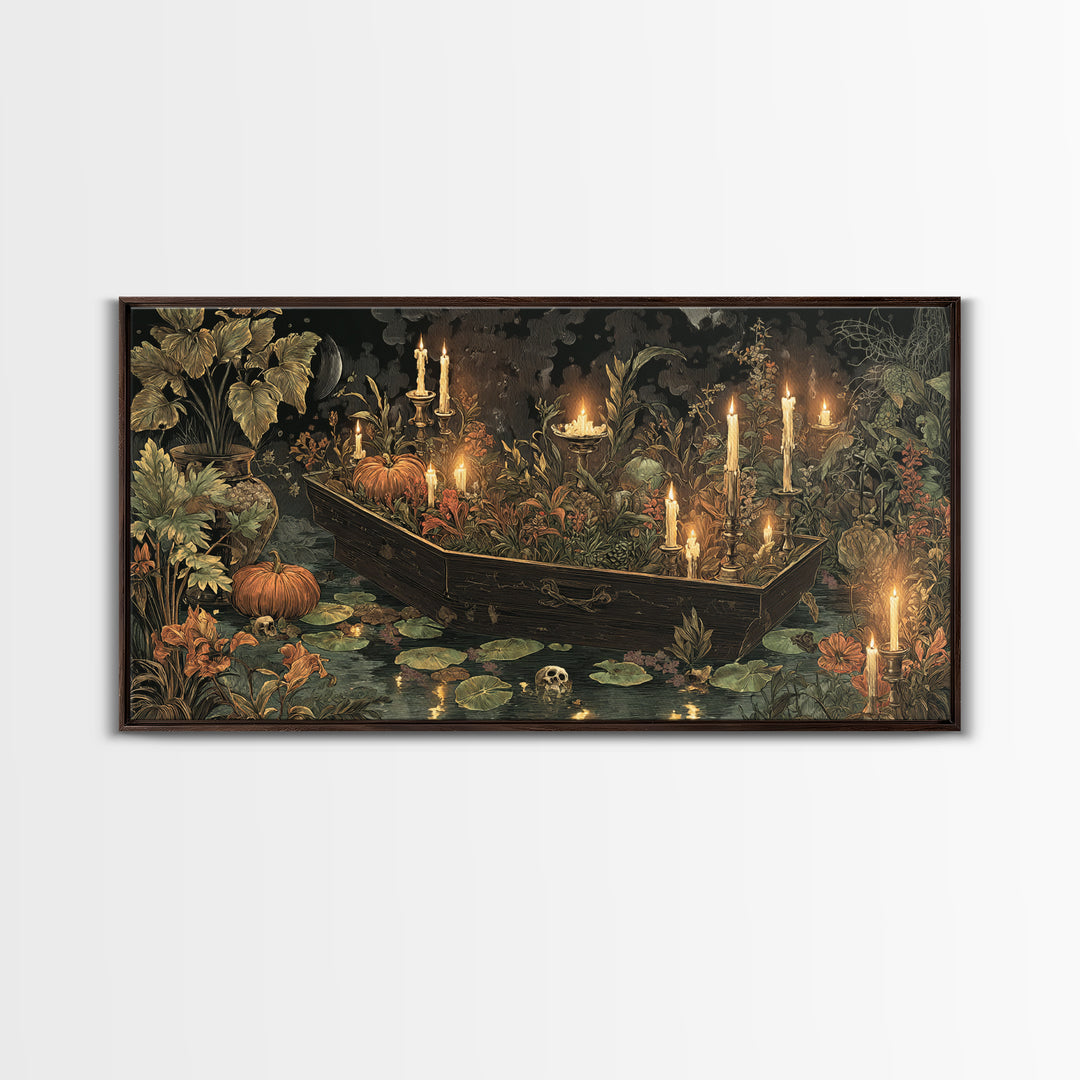 The Floating Coffin Garden - Occult Still Life, Spooky Wall Decor, Wide Panoramic Art, Framed Canvas Print, Halloween Home Decor