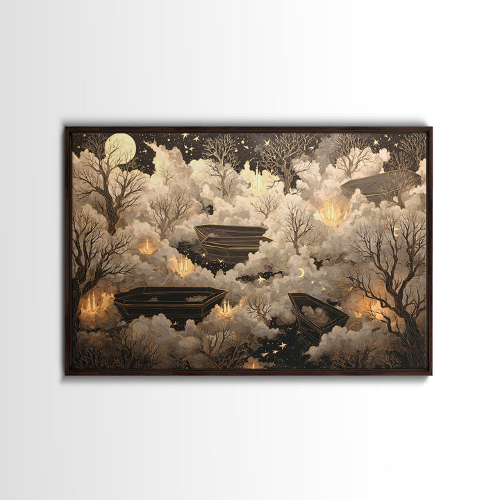 The Floating Coffin Garden - Surreal Celestial Vision, Macabre Halloween Art, Landscape Wall Art, Framed Canvas Print, Halloween Home Decor
