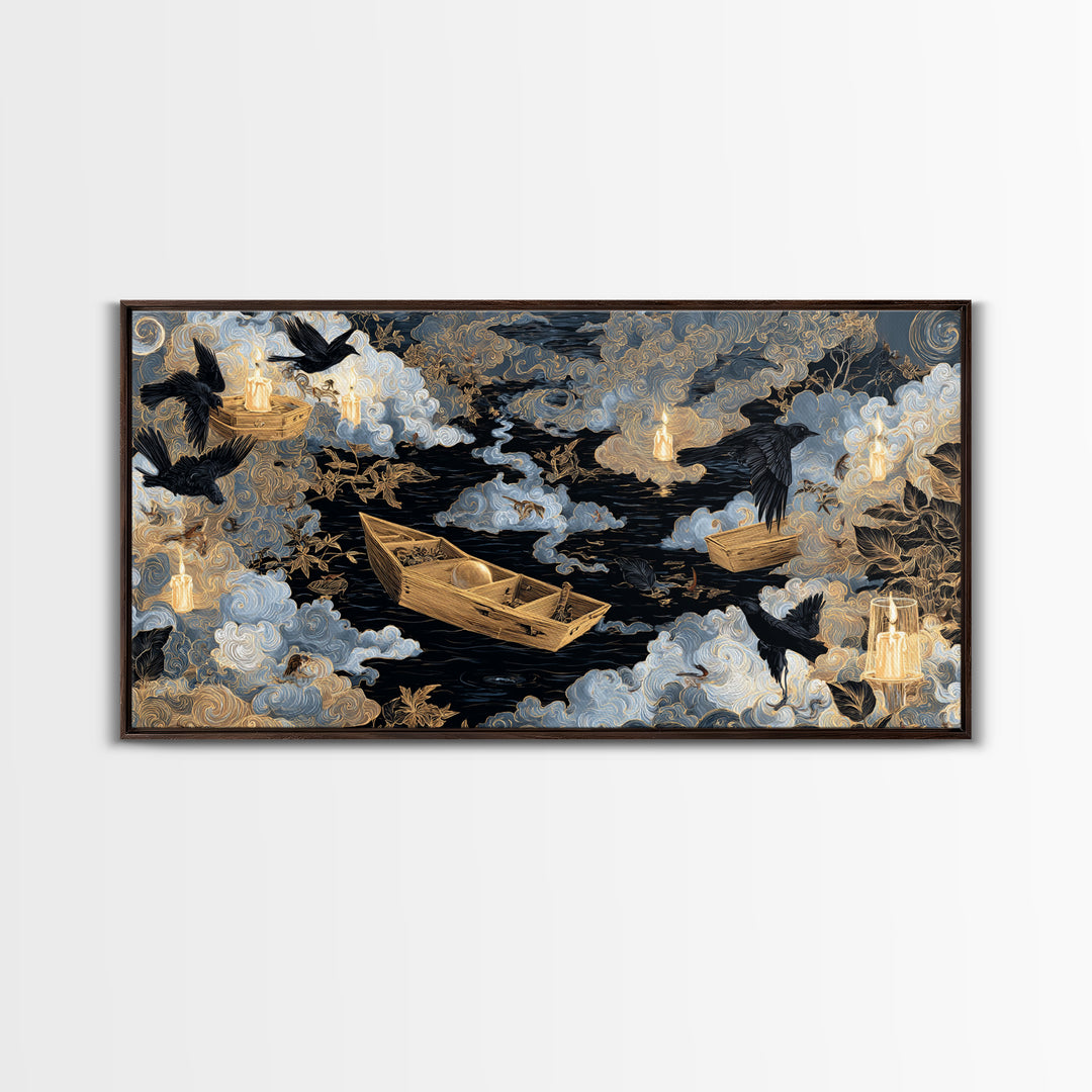 The Floating Coffin Garden - Surreal Celestial Vision, Halloween Wall Art, Wide Panoramic Art, Framed Canvas Print, Halloween Home Decor