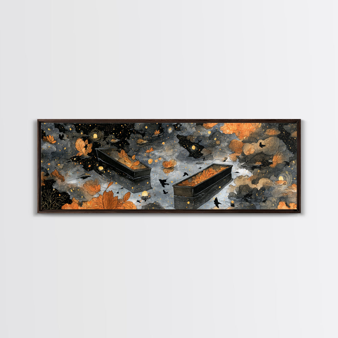 The Floating Coffin Garden - Surreal Celestial Vision, Spooky Wall Decor, Extra Wide Wall Art, Framed Canvas Print, Halloween Home Decor