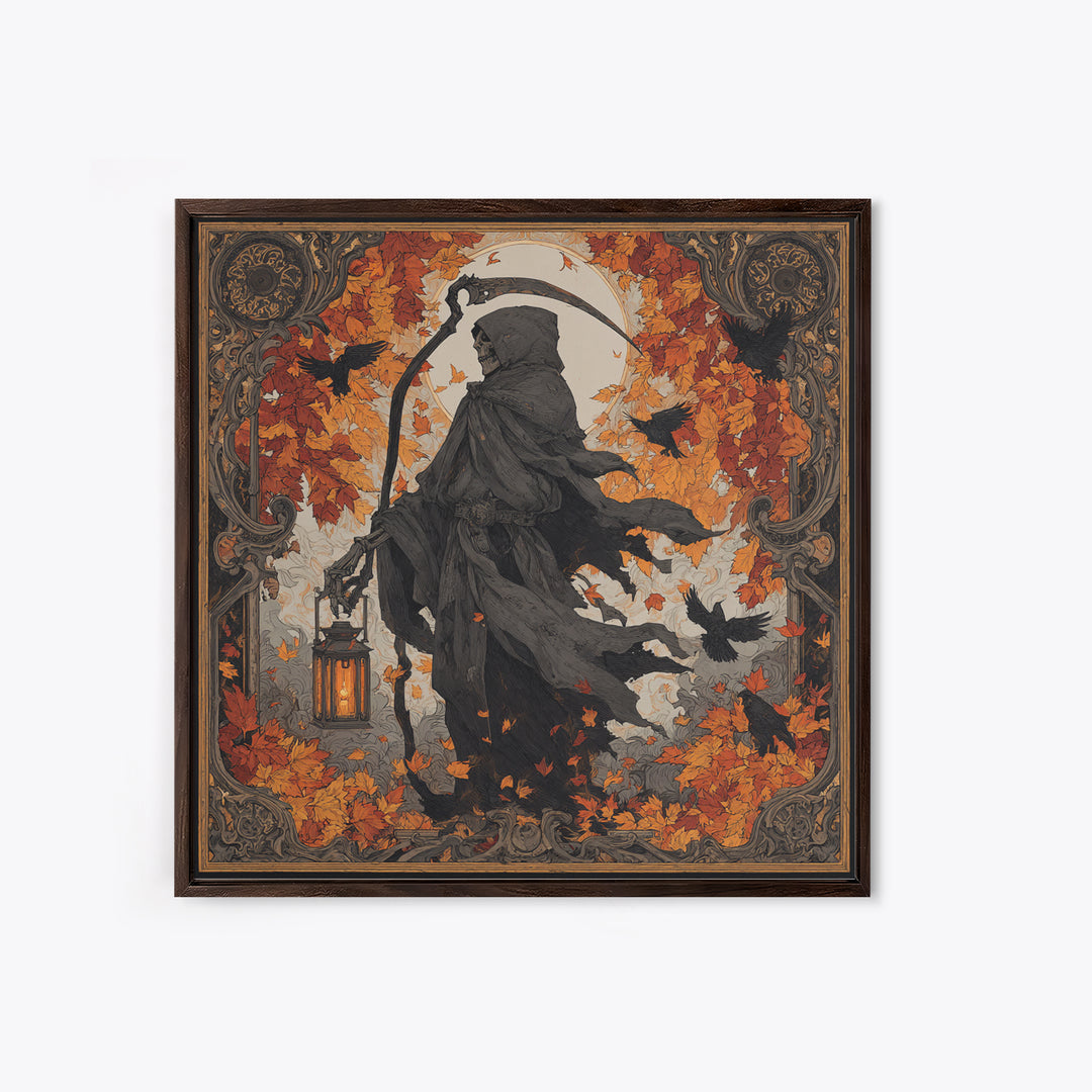 The Autumn Reaper Parade - Icon Portrait, Spooky Wall Decor, Square Wall Art, Framed Canvas Print, Halloween Home Decor, Gothic Wall Art