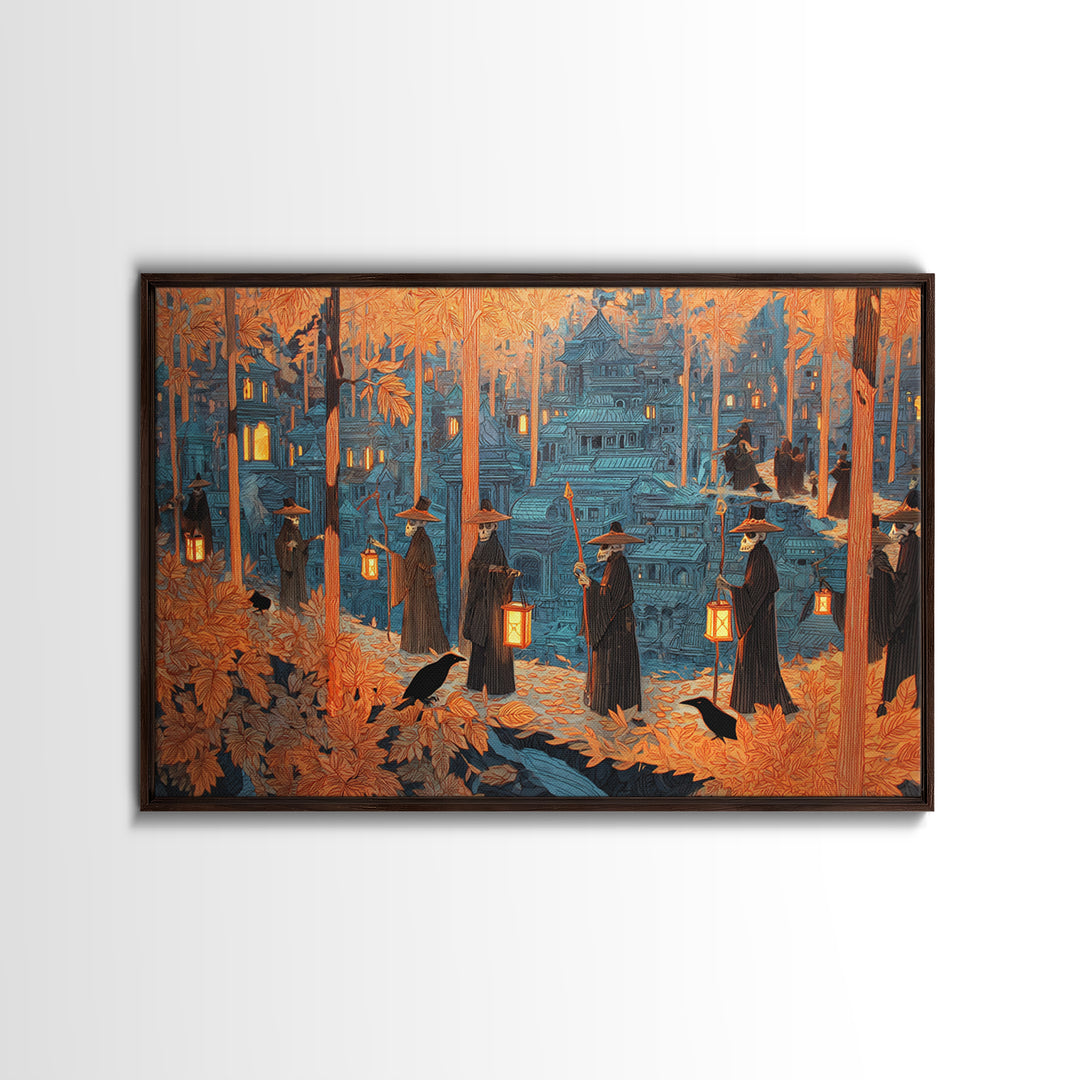 The Autumn Reaper Parade - Environmental Panorama, Macabre Halloween Art, Landscape Wall Art, Framed Canvas Print, Halloween Home Decor