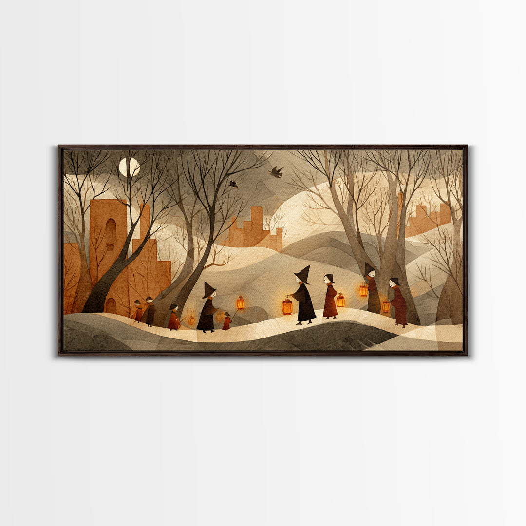 The Autumn Reaper Parade - Environmental Panorama, Spooky Wall Decor, Wide Panoramic Art, Framed Canvas Print, Halloween Home Decor