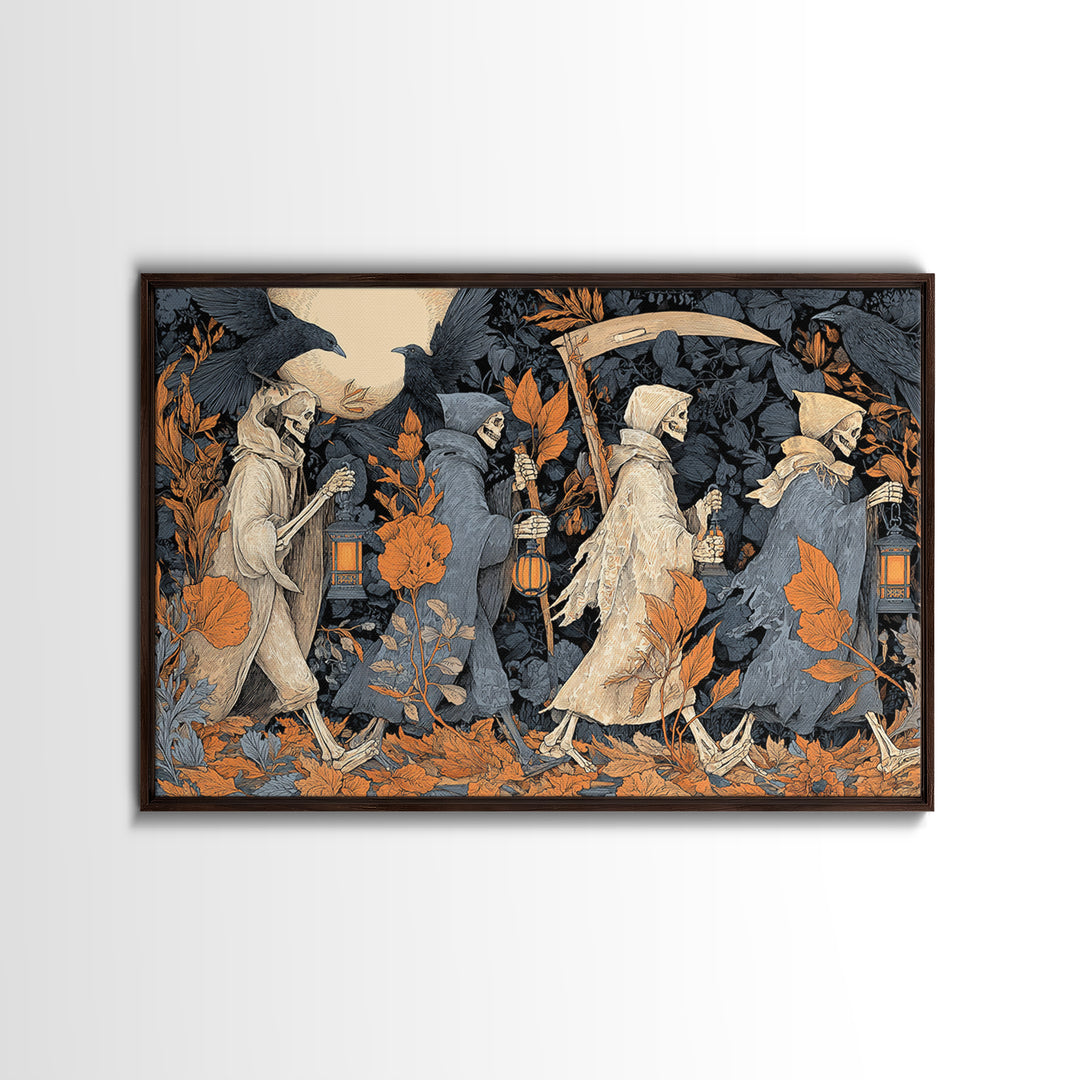 The Autumn Reaper Parade - Occult Still Life, Halloween Wall Art, Landscape Wall Art, Framed Canvas Print, Halloween Home Decor