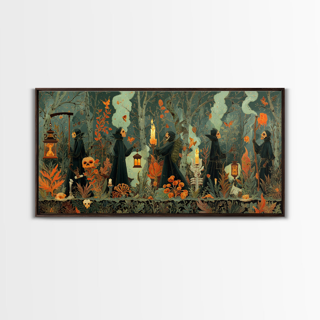 The Autumn Reaper Parade - Occult Still Life, Occult Wall Decor, Wide Panoramic Art, Canvas Print, Halloween Home Decor, Gothic Wall Art