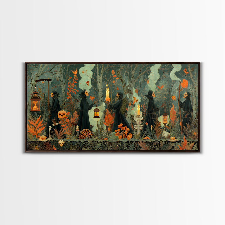 The Autumn Reaper Parade - Occult Still Life, Occult Wall Decor, Wide Panoramic Art, Canvas Print, Halloween Home Decor, Gothic Wall Art