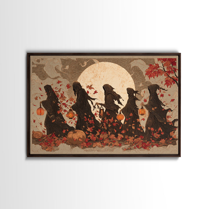 The Autumn Reaper Parade - Procession Scene, Macabre Halloween Art, Landscape Wall Art, Framed Canvas Print, Halloween Home Decor