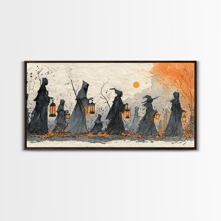 The Autumn Reaper Parade - Procession Scene, Spooky Wall Decor, Wide Panoramic Art, Framed Canvas Print, Halloween Home Decor