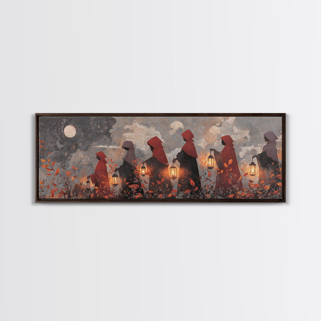 The Autumn Reaper Parade - Surreal Celestial Vision, Spooky Wall Decor, Extra Wide Wall Art, Framed Canvas Print, Halloween Home Decor