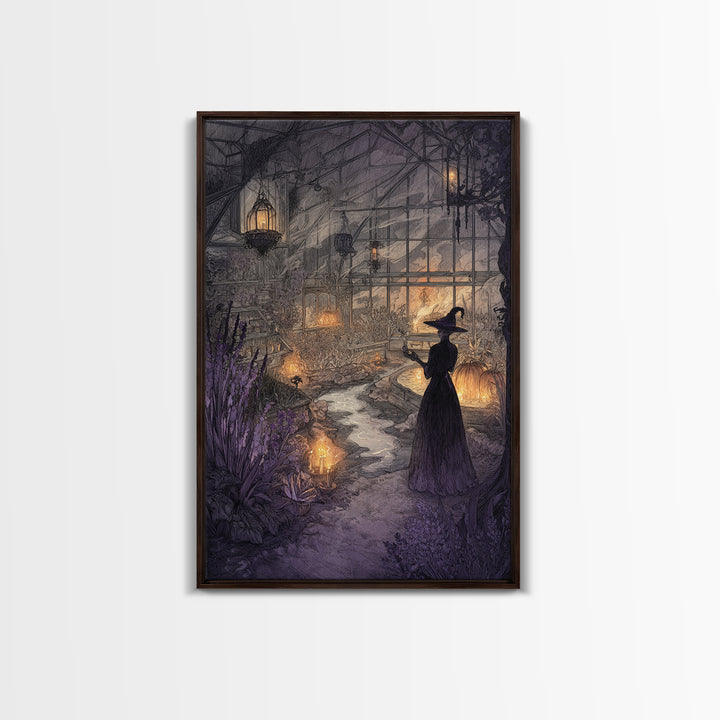 The Witch Queen Greenhouse - Environmental Panorama, Halloween Wall Art, Vertical Wall Art, Framed Canvas Print, Halloween Home Decor