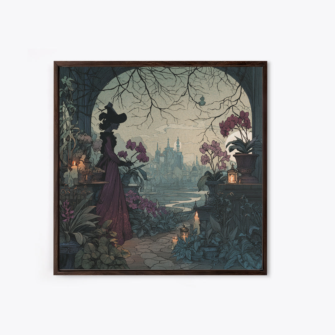 The Witch Queen Greenhouse - Environmental Panorama, Spooky Wall Decor, Square Wall Art, Framed Canvas Print, Halloween Home Decor