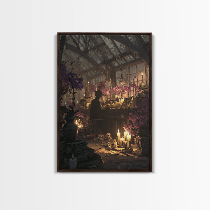The Witch Queen Greenhouse - Occult Still Life, Macabre Halloween Art, Vertical Wall Art, Framed Canvas Print, Halloween Home Decor