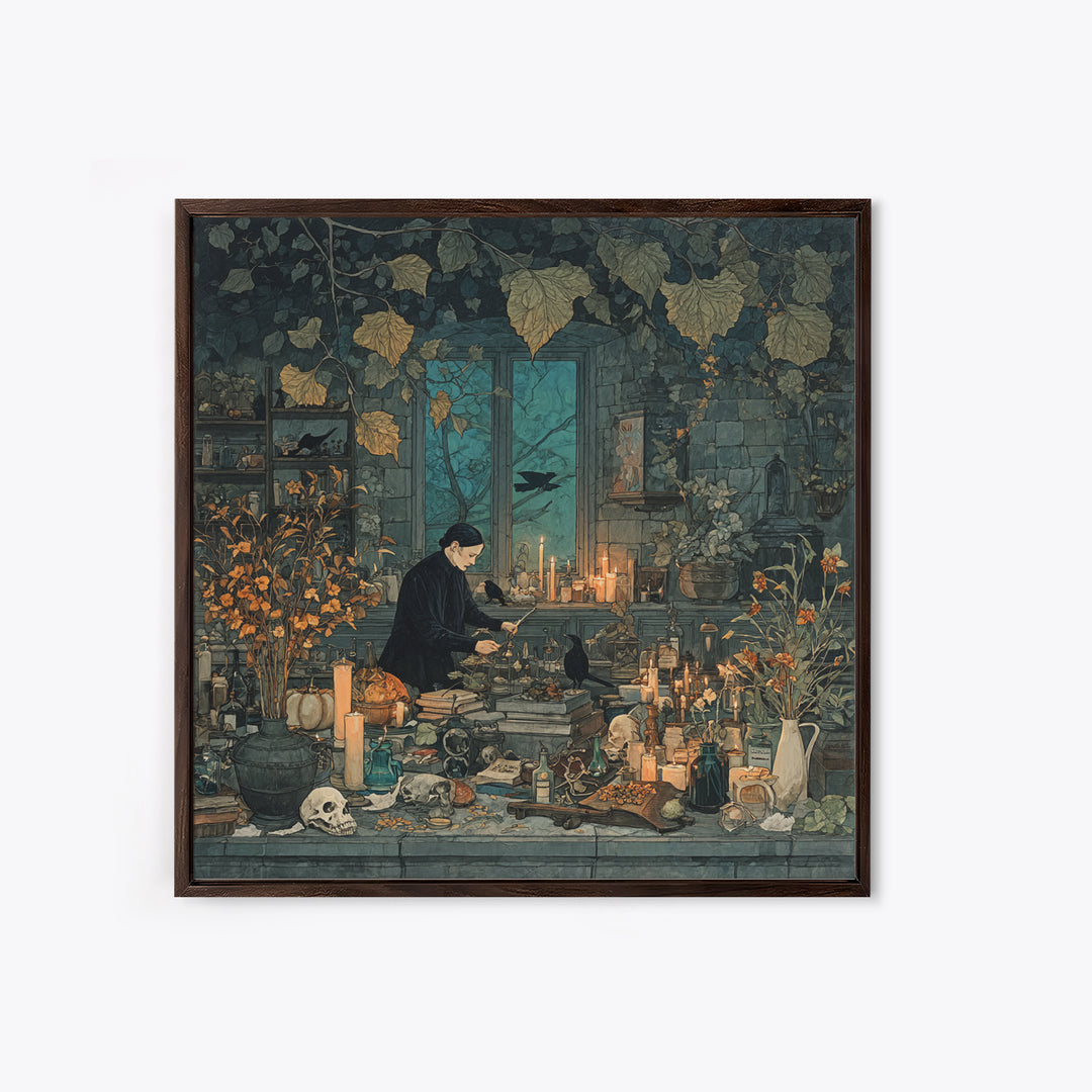 The Witch Queen Greenhouse - Occult Still Life, Gothic Home Decor, Square Wall Art, Canvas Print, Halloween Home Decor, Gothic Wall Art