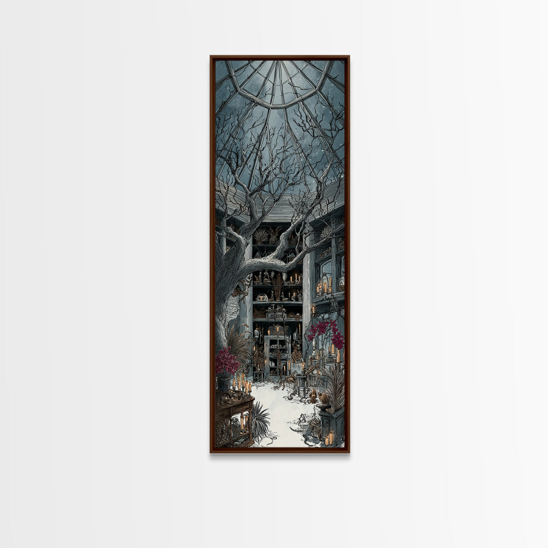 The Witch Queen Greenhouse - Occult Still Life, Spooky Wall Decor, Tall Narrow Wall Art, Framed Canvas Print, Halloween Home Decor