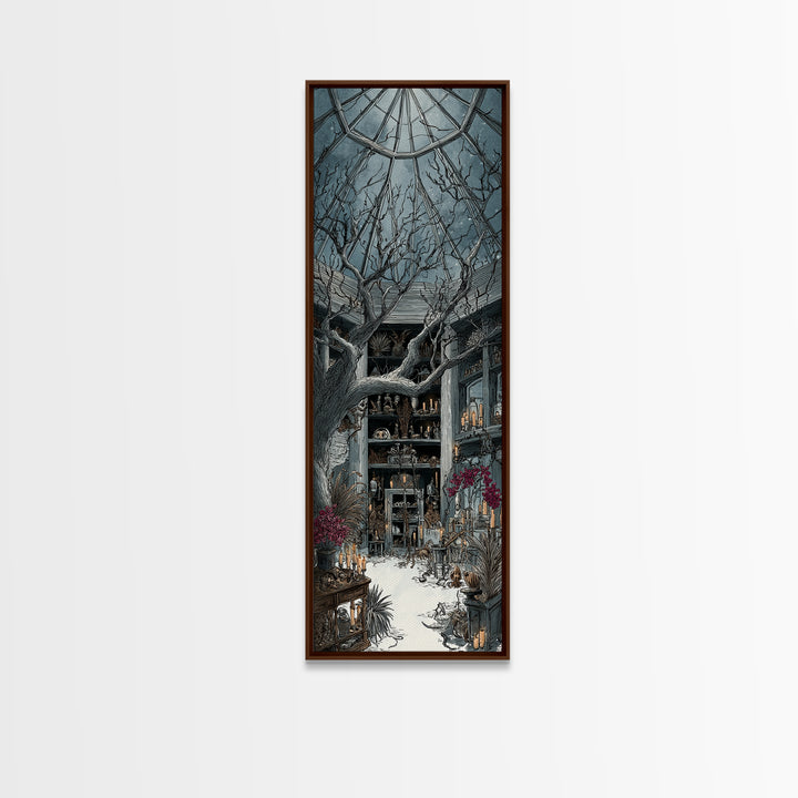 The Witch Queen Greenhouse - Occult Still Life, Spooky Wall Decor, Tall Narrow Wall Art, Framed Canvas Print, Halloween Home Decor