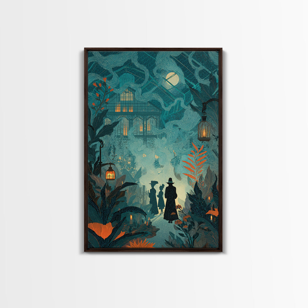 The Witch Queen Greenhouse - Procession Scene, Macabre Halloween Art, Vertical Wall Art, Framed Canvas Print, Halloween Home Decor
