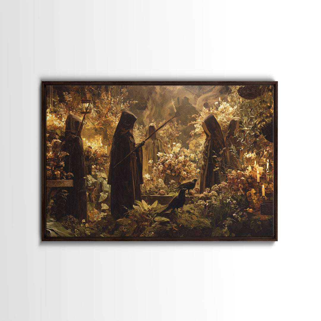 The Witch Queen Greenhouse - Procession Scene, Spooky Wall Decor, Landscape Wall Art, Framed Canvas Print, Halloween Home Decor
