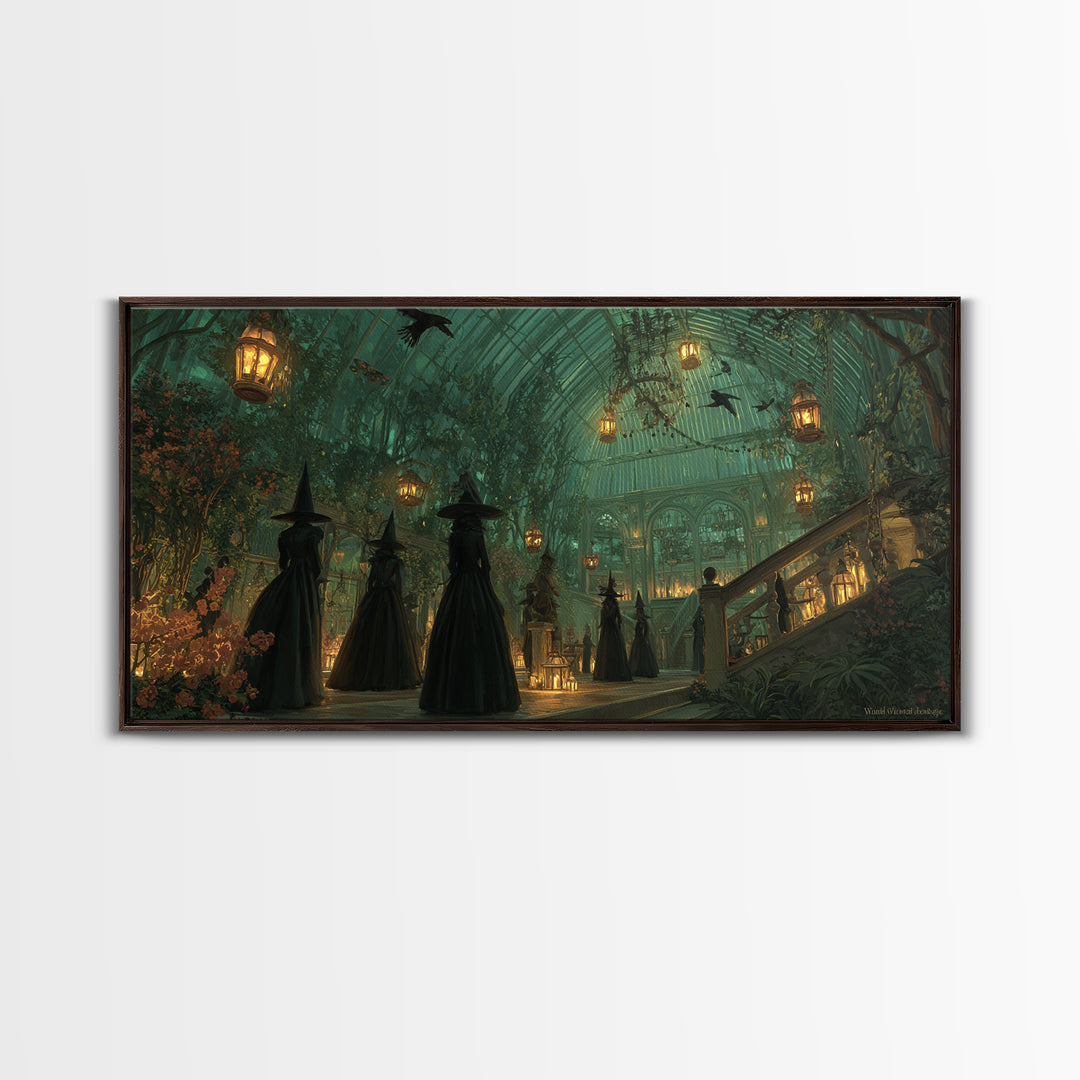 The Witch Queen Greenhouse - Procession Scene, Spooky Wall Decor, Wide Panoramic Art, Framed Canvas Print, Halloween Home Decor
