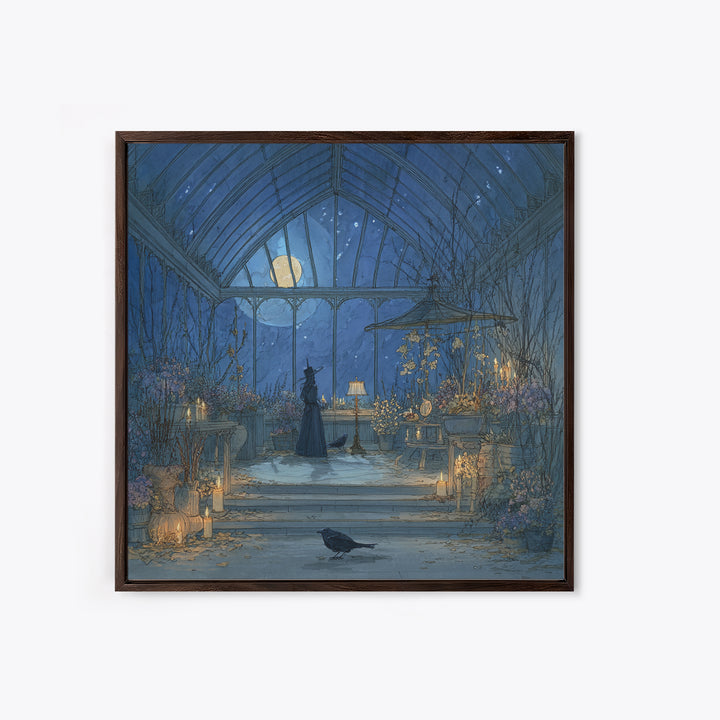 The Witch Queen Greenhouse - Surreal Celestial Vision, Spooky Wall Decor, Square Wall Art, Framed Canvas Print, Halloween Home Decor