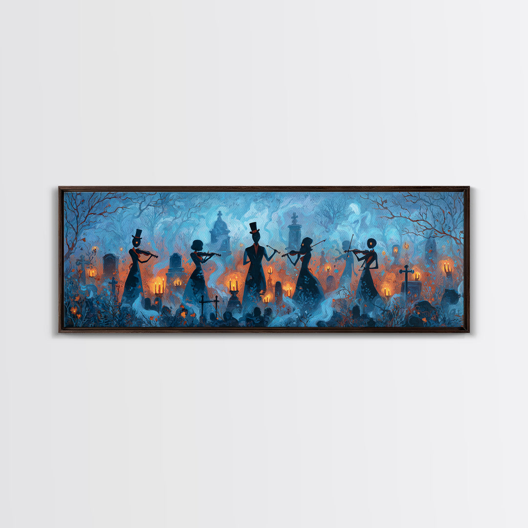 The Ghostly Violin Procession - Icon Portrait, Macabre Halloween Art, Extra Wide Wall Art, Framed Canvas Print, Halloween Home Decor