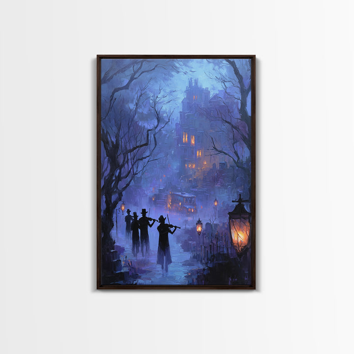 The Ghostly Violin Procession - Environmental Panorama, Spooky Wall Decor, Vertical Wall Art, Framed Canvas Print, Halloween Home Decor
